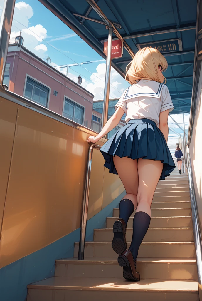 ((Highest quality)), ((masterpiece)), (become close), (High resolution), 8K, Best Shadow, The best natural light, Cinematic, High school girl climbing the stairs、(Blonde ponytail)、Look back and smile、Navy Blazer、Navy Skirt、Student Bag、((Rear View)), Angle from directly below the rear, Photo secrets、((View from directly below)), Close-up of loose socks、Manga panel layout、Manga style、Manga Design、Station stairs、On the way to school, Black thong panties hidden under skirt
