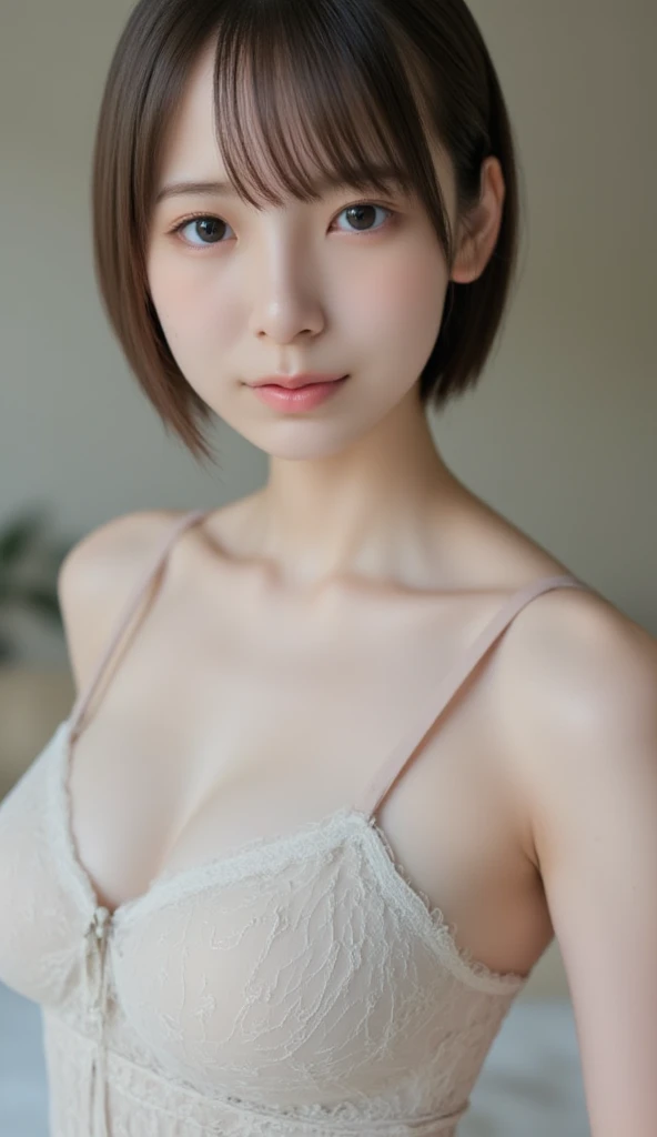 Nobara from jjk, realistic, age 25, pure white skin, brown pupils, light brown bob hair, front button blue shirt, perfect face, perfect shape body, above large breasts, clothes covered upper body, 3d .