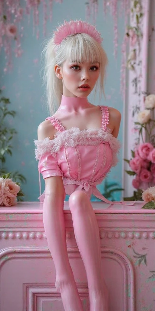 A realistic rendering of an Anne Anderson style illustration of a very close, ultra close shot on the breasts of three pert, nubile, thin, freckled, teen girls, with 50s style, very short sandy blonde hair, topless, bare breasts, small breasts, little breasts, tiny breasts pink nipples , puffy nipples , exposed nipples , wearing clear, pink plastic body harnesses, clear, pink plastic choker necklace, clear pink plastic bondage straps , clear, pink, plastic lingerie, sitting in a clear, pink plastic bondage swing, open blouse, undressing, uniform, in a room with several clear, pink plastic bondage straps, partially clothed, clear, pink plastic, abstract, geometrical background, ultra close shot on breasts