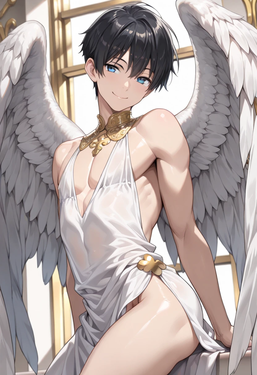 Girl Tied to a Cross，Angel wings on both shoulders,（A cross of light in your eyes）,Halo,Wing relief，Smile,Show your whole body，Open your arms，Anime Style，naked，Concept Art，Pin-up posters，Fluttering feathers,Shiny Wing Bikini,A shining cross on the crotch
