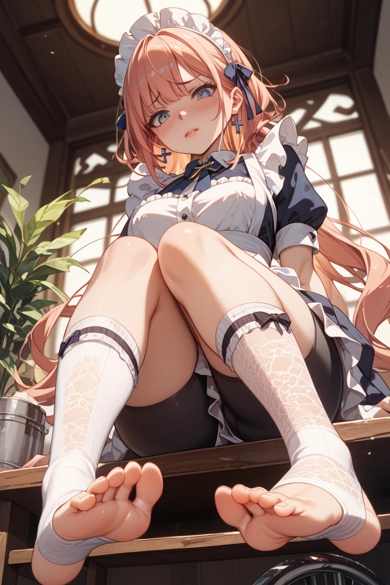 {{masterpiece}},illustration,best quality,extremely detailed CG unity 8k wallpaper,1girl_solo, full_body, from_below, looking_at_viewer, looking_down,((white pantyhose: 1.5)), (no shoes:1.3),chair,twintail,red hair,braided bangs,Sexy and charming panties,revealing dress,window,(Close-up of the foot),hair_ribbon,strong rim light,花,cameltoe,