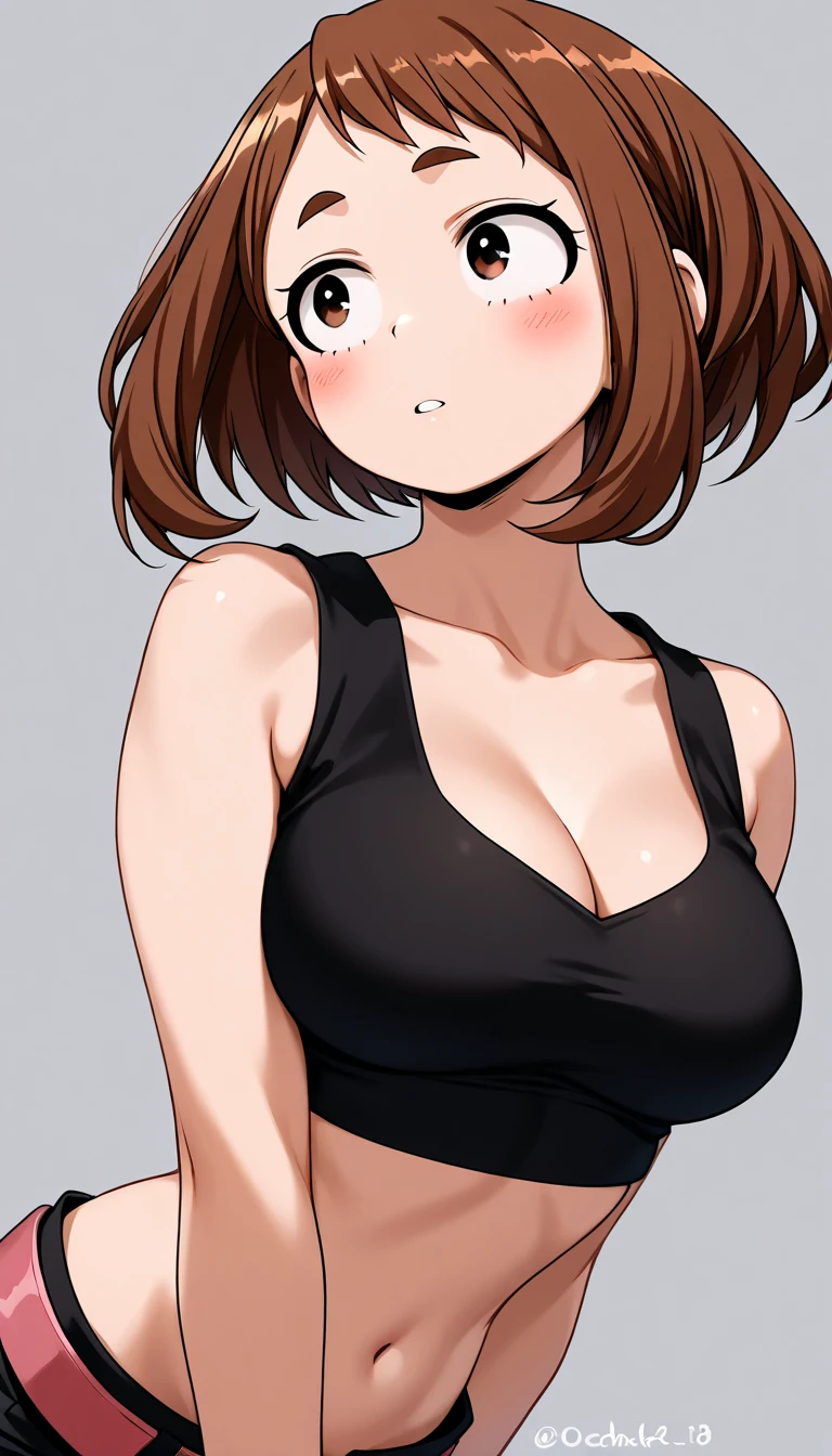 (highest quality), (Super detailed), (Best Illustration), (beauty), (front), Upper body, (from below),(Plain black t-shirt),(((underboob))), (big breasts), embarrassing, cheeks are red, bob cut, brown hair, messy hair, brown eyes, slightly droopy eyes, white background,