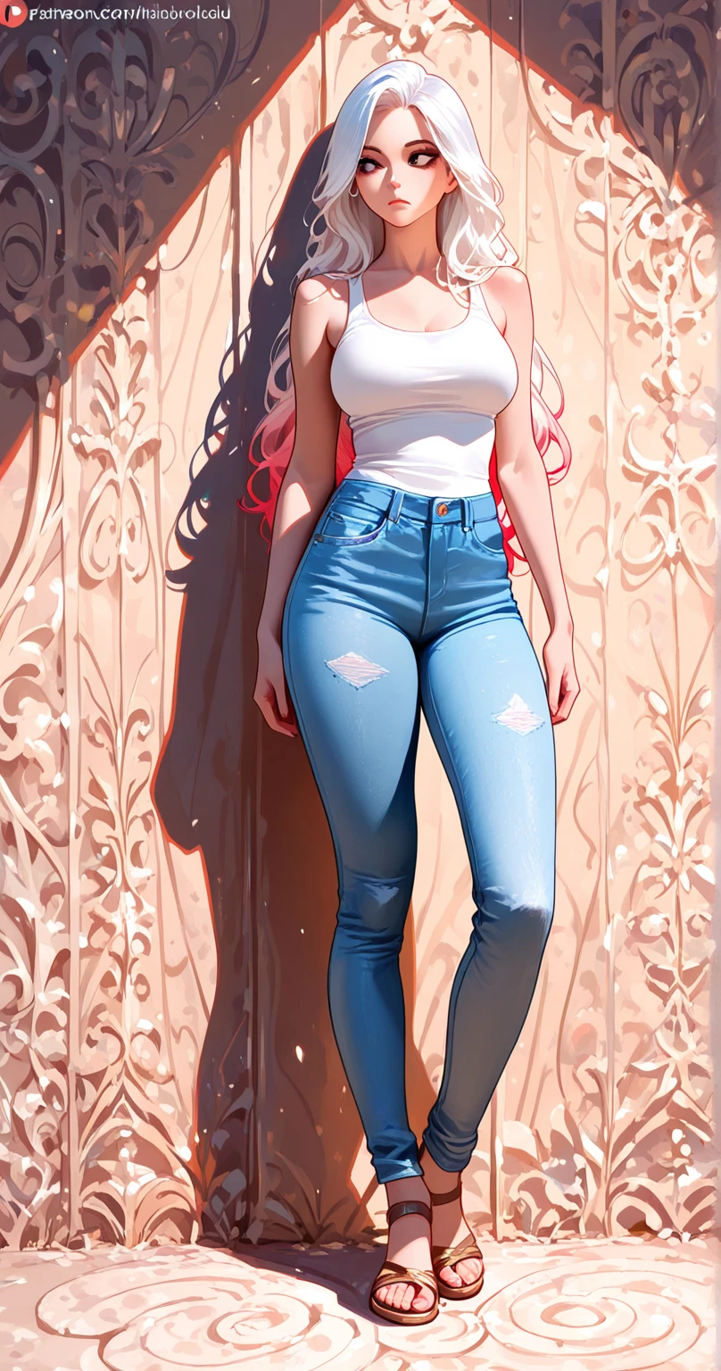 1 girl named Sarah with long blue hair, dyed loose hair, Long hairstyle, perfect detailed face, Young pretty white girl, Hot-top model, Detailed symmetrical light green eyes with round irises.........., Beautiful, Walking and posing, Look at the observer, 19-year-old girl, looks like Madison Beer, extremely detailed face, Model, Realistic, Real life, perfect photorealistic picture, Realistic, hourglass figure, Stunning realistic photography, Detailed fingers, detailed realistic face, Soft fingers, real human nails, Extremely attractive girl, perfect detailed tan, small eyes, perfectly detailed face with realistic complexion and finely porous skin, small nose, Model, Perfect posture, Natural limbs, long legs, detailed symmetrical eyeballs, symmetric eyes, Realistic eyeballs, Realistic detailed eyes, cute plump closed lips, makeup, no long neck, no long waist, Perfect proportional body, seductive gaze, Looking in the direction of the viewer, Fascinating facial features, ah high, two arms, Two legs, one head, big breasts, realistic natural bodies, realistic shadows, Mystical epiphany, 8K, UHD, ((body facing the viewer, Pointing at the camera)),
"wide-angle", Full-body shot, full pose, (photo studio white background), seduce a little, Cinematic world, Cover photo in the center of Hipereallistic, Stunning full-color, Cinematic, neoprene, behance contest winner, portraite of a, presented at UnsplasH, stylized digital art, Smooth, extra high resolution, She is wearing a large white long T-shirt and black Acronym J36-S sweatpants........... (T-shirt only white), black and white sneakers, instagram model, 80mm , Streetwear , Realistic,round ass