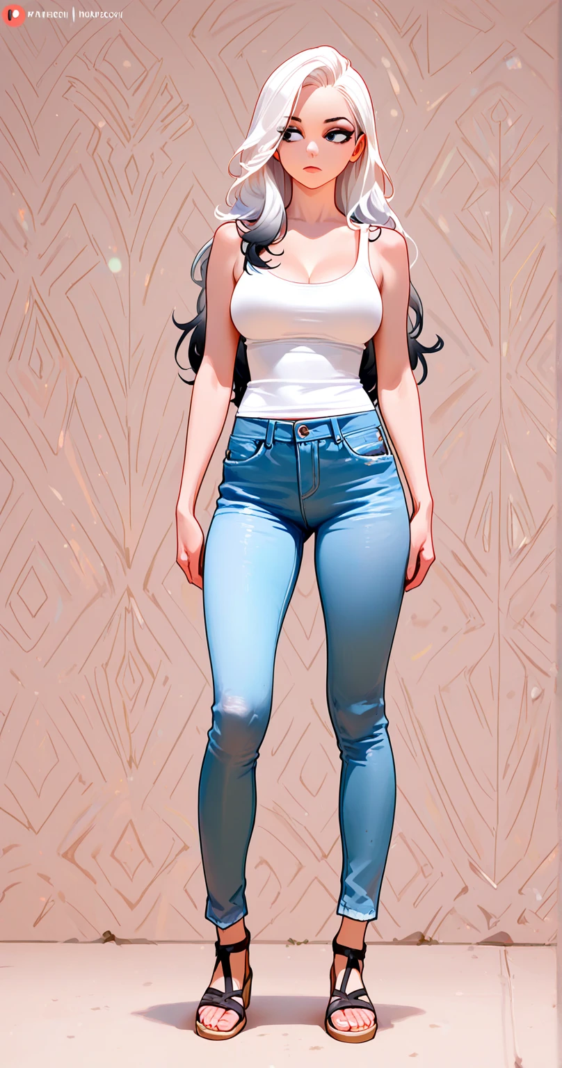 a 25 year old girl, (((big tits))), big tits, small waist, black hair, ((perfect face)), full lips, short jeans, white tank top, ((full body)), ( (general shot)), standing, ((((Melkor Mancin)))), wide shot, best quality, highres, HD, award winning, high quality, super detail, high details, masterpiece, ccurate