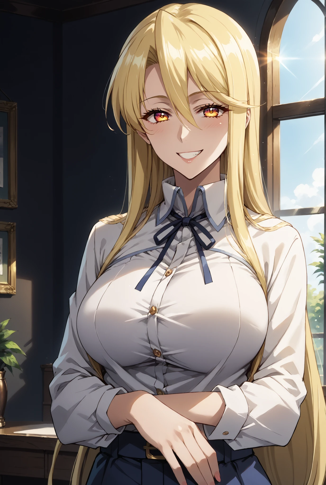 score_9, score_8_up, score_7_up, source_anime, 4K,perfect fingers,(perfect hands, perfect anatomy),prefect lighting, very aesthetic, intricate details,highly detailed background, masterpiece, high quality, best quality,
shizuka marikawa, long hair, blonde hair, very long hair, low-tied long hair, yellow eyes, hair between eyes, smile, large breasts, mature female,
(left side: daylight, gentle sunlight, bright colors, smiling face, hope in her eyes)
(right side: nighttime, cold blue moonlight, dark tones, evil grin, glowing red eye),