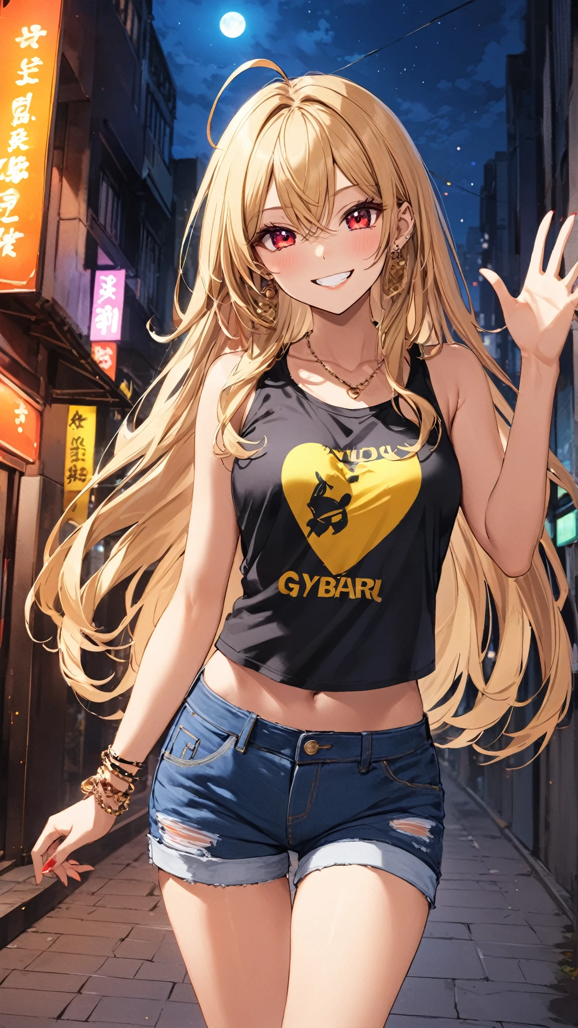 1girl, gyaru, gyaru v, crop top, short shorts, blonde hair,
smiley face, grin,