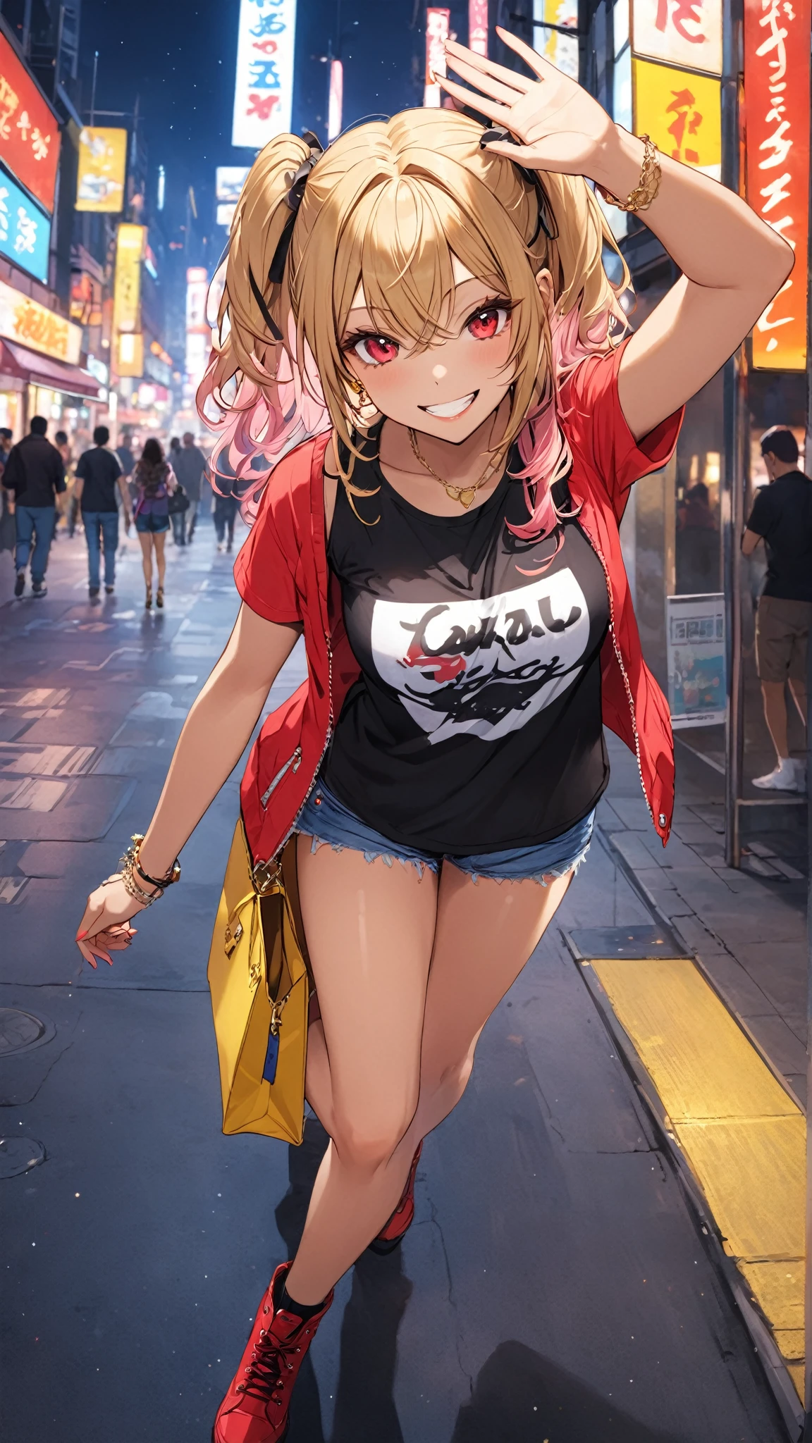 nsfw, absurdres, masterpiece, best quality, (hyper detailed, highly decorative, intricate, official art, beautiful, aesthetic, sexy and erotic yet elegant lingerie advertisement:1.3), (child, , , flat chest:1.5), (Blonde long hair, straight hair, blunt bangs, eyelashes, blunt ends, long side bangs:1.3), BREAKexhibitionism, public indecency, (at Shibuya scramble crossing, many passersby, crowd:1.3), BREAK(open fly micro:1.3) shorts, (lowleg:1.3), thick thighs, naughty face, evil grin, smug, eye glitter, (gyaru:1.1), camisole, collarbone, navel, groin, loose clothes, shirt pull, shorts pull, fashionable female , dressed in a casual yet stylish outfit, sneakers, (colorful, vivid, cute:1.1), earrings, necklace, bracelet, accessory, jewelry, heart choker, no_panties, undressing, nice hands, perfect handsIchigo Hoshimiya (Aikatsu!),