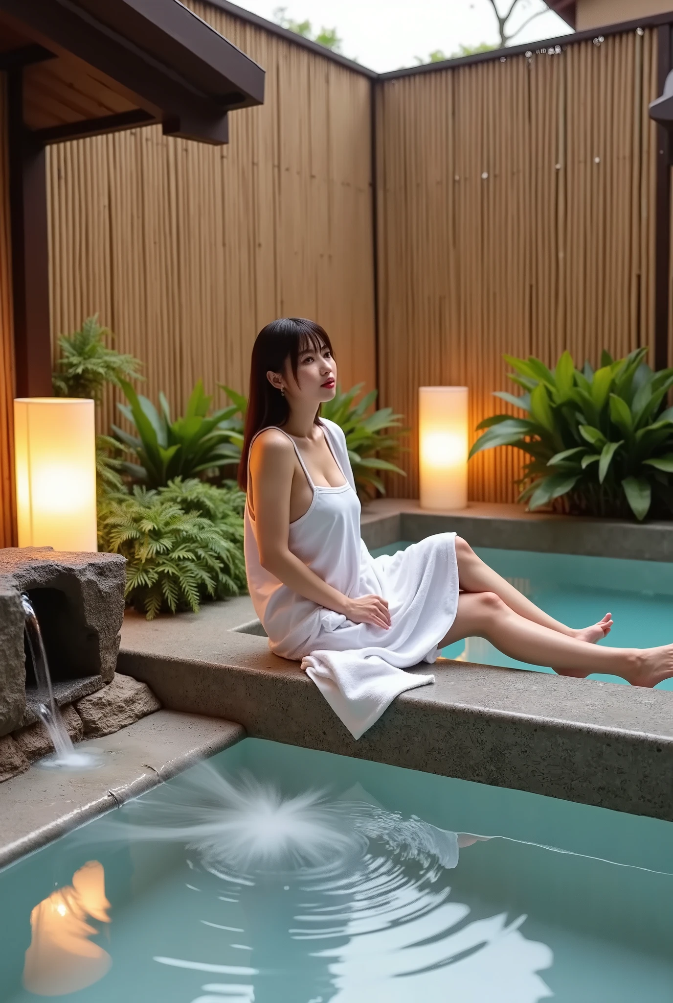This serene shot captures the atmosphere of a traditional Japanese hot spring. A lady wrapped in a white cotton towel sits on the stone edge of a steaming rectangular bathtub. Warm-colored bamboo fences are arranged vertically around the bath, and cylindrical paper lanterns are placed at regular intervals, casting a soft amber light. Lush ferns and hardwoods frame a decorative gray stone waterfall that flows into the bathtub. Concentric ripples spread from the waterfall onto the water's surface. Natural light filtering through the bamboo structure combines with the warm glow of a paper lantern attached to the wall to illuminate the traditional Japanese bathhouse architecture. This professionally shot interior captures the architectural details of the spa, using a balanced mix of natural and artificial light.