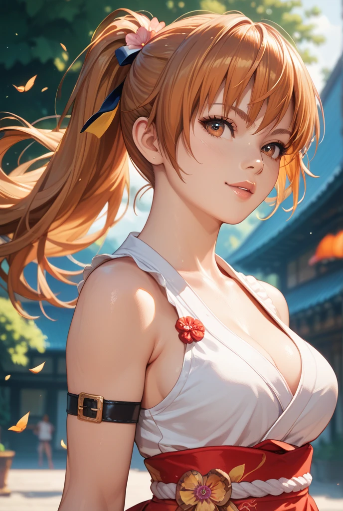 ((masterpiece)),((Highest quality)),High resolution,Perfect lighting,yoimiya(genshin impact), One Woman, Large Breasts, alone, Orange eyes, smile, View your audience, Expose your shoulders,Blonde,from the front, Cowboy Shot, Arms crossed,Orange kimono,Sarashi、