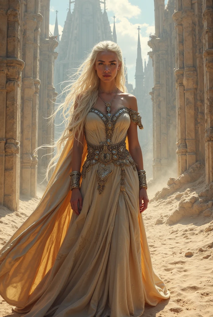 Create a small elf woman that has white hair and a dress with desert features