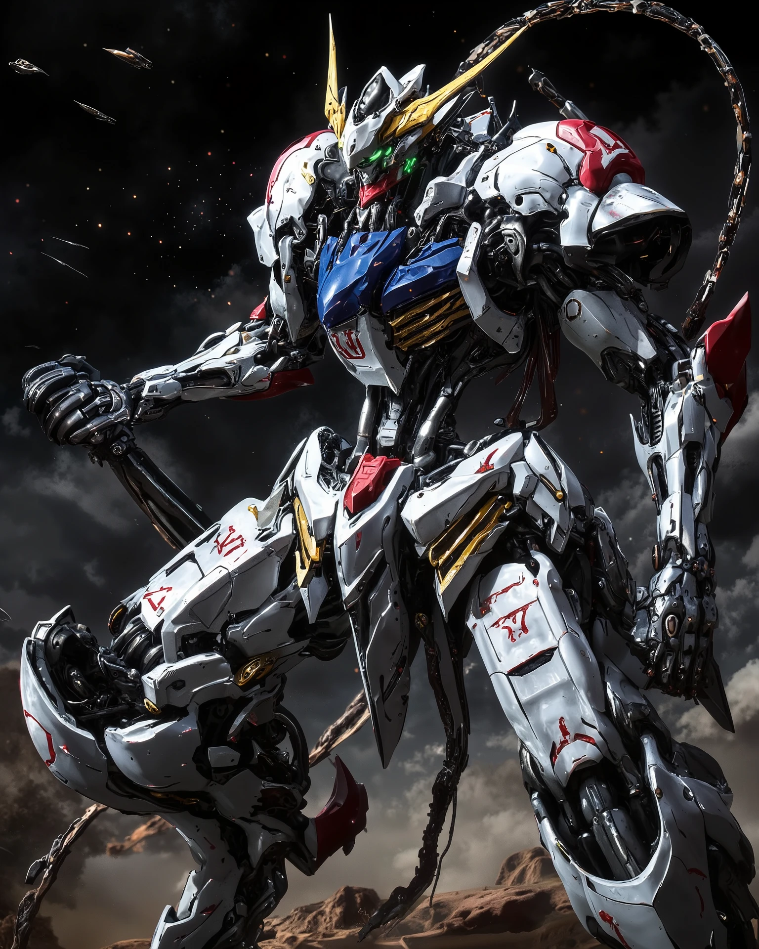 Robot Like Gundam Barbatos ,full body,detailed depiction of high-resolution photorealistic3D rendering style ,hyperrealism art,Mechanical Details of Gundam Barbatos' Face, ,Accurate Proportions of Gundam Barbatos, forward tilting action scene ,Accurate shiny white armor and the effects of many particles flowing into the fuselage of a red, Blue, Gold Accents. green_lens flares from glowing binoculars,joints and panel lines, Mobile Suit バルバトス is collecting energy for a final attack, Effects of Many Particles Flowing into the Body of a Mobile Suit. on his knees, Spread Your Arms in a Strong Pose.action scene, Dynamic Angle Shot ,On the battlefield on Mars, Red Arena, 4K resolution, Highest Quality , 2 megapixel, --q 2