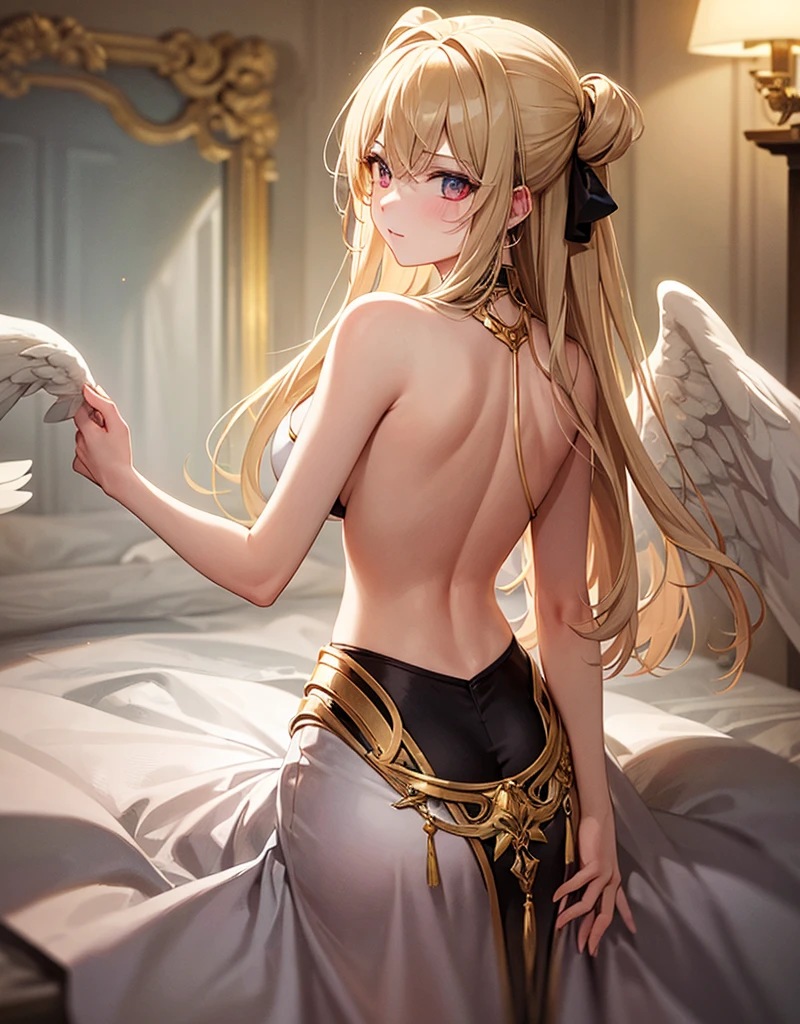 ((Best Quality)), ((masterpiece)), (detailed), 1 girl, with white leotard, long blond hair, green eyes,Angel wings, tanned skin, big breasts,sitting, crossed legs,((Whole body)), ((right side profile view))..