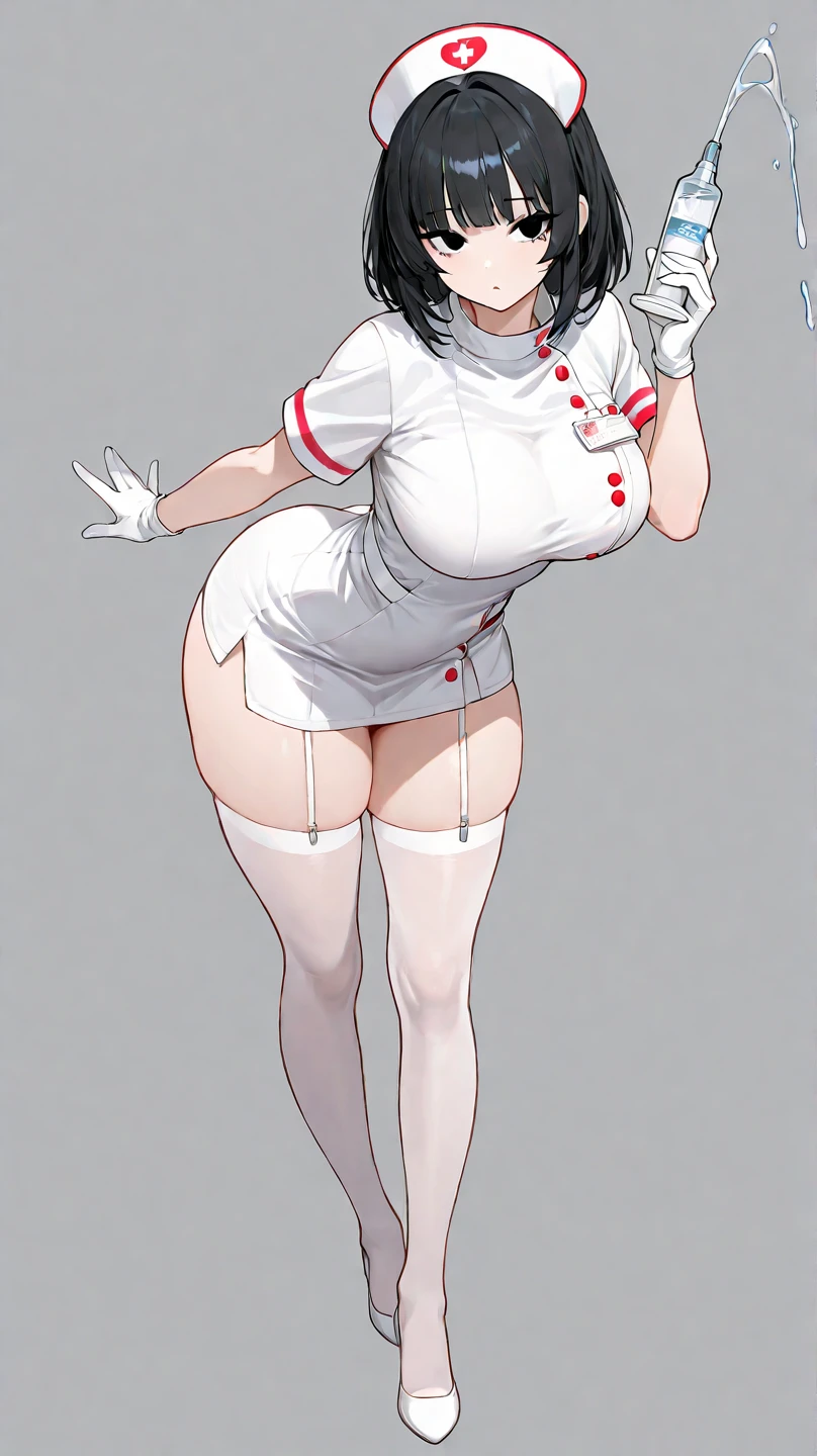 ((blank background)), masterpiece, best quality, silver hair, (big breast:1), ((full body framing)), symmetry, nurse woman, nurse uniform, nurse cap, long pants, ((curvy)), wide hips, ((thick thighs)), only white, all white, belt below navel, ((lab coat))
