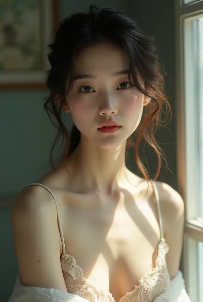 (((best quality))),(((ultra detailed))),(((masterpiece))),illustration,((1 beautiful girl,solo)),slim,thin,small breasts,flat chest,shoulder length straight hair,on bed,dilapidated,hotel room,summer's afternoon,anticipation,shyness,date,big almond-shaped eyes,excited,nervous,fair skin,flawless,rosy cheeks,strapless light blue bra,slender figure,delicate collarbones,white flowers,delicate silver chain,rusty bed frame,peeling wallpaper,white lace curtain,warm sunlight,soft warm glow,old-fashioned radio,cheerful tune,nervousness,heart pounding,excitement,door,plain attire,electric atmosphere,love,butterflies,((from front,close-up of face))