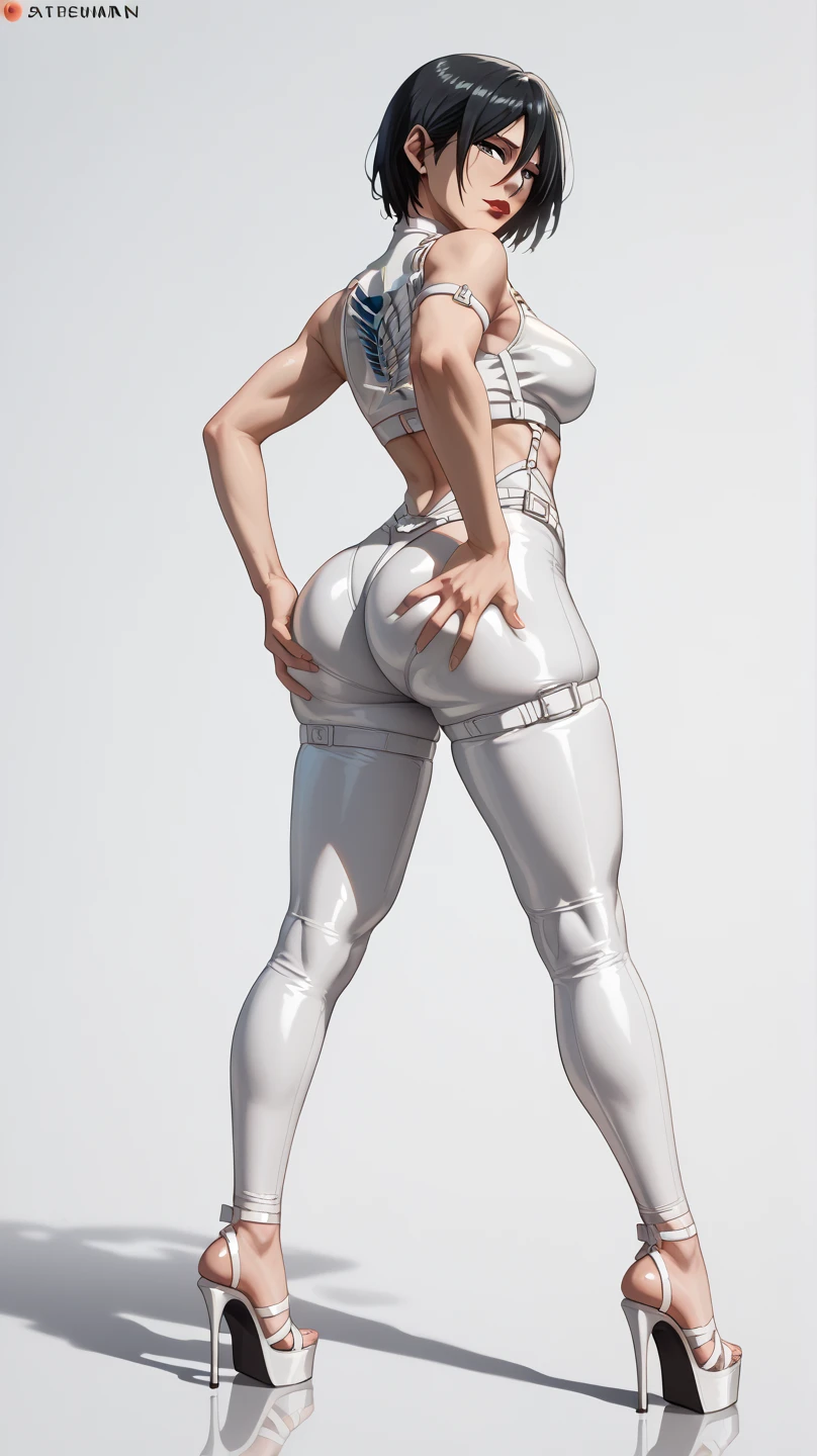 thick hips, thick thighs, platform heels, high white high cut leotard, huge breast, thin waist, bob cut hair, weapon, tanned skin, gun, angry look, scream, thick body, muscle, cyberpunk, stockings, (( very wide hips)), (((colossal Thighs, gigantic thighs, very huge thighs, very big thighs)))