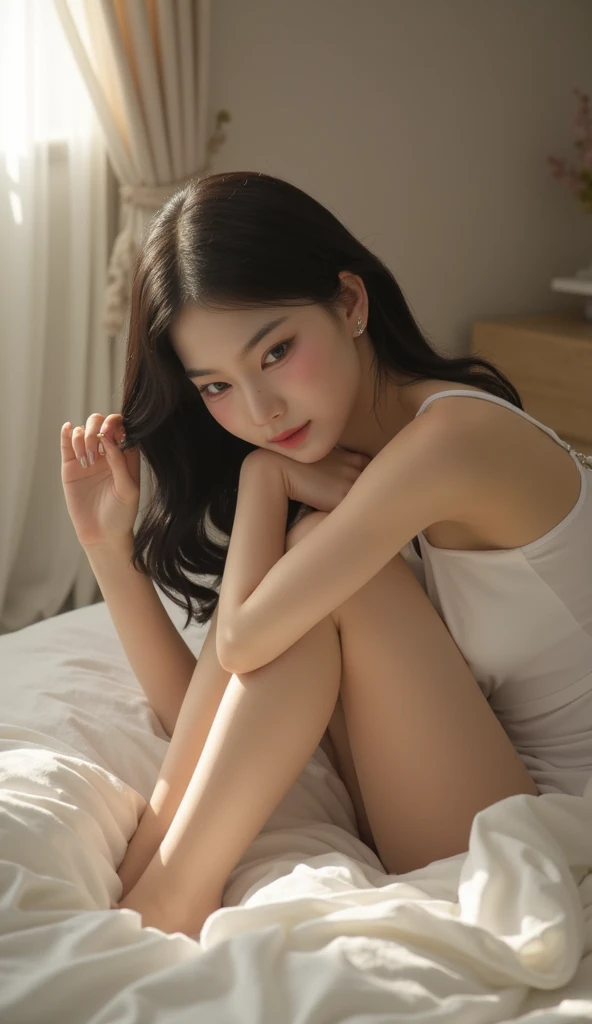 (8k, RAW Photos, highest quality, masterpiece:1.2), (Realistic, photo Realistic:1.3), Ultra-high resolution, High-definition RAW color photos, Sharp focus, (Real Skin), (Perfect Anatomy), thin, ((Cinema Lighting)), (Moisturized lips),
Break 1 Girl, alone, View your viewers, Messy Hair, smile, Wearing revealing pajamas, Knitted socks, at home,