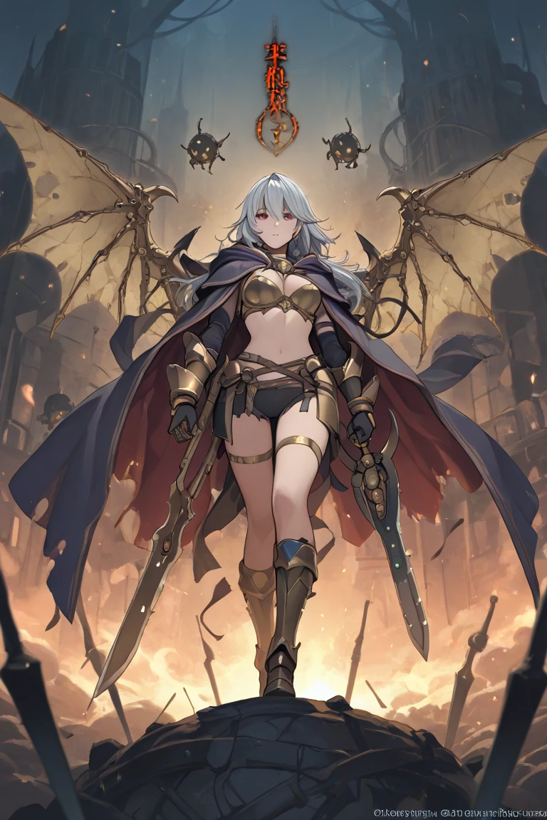 fantasy, 1devil_girl, low_teen, platina_blond_hair,long_bangs,, bare_shoulder, navel out, thighhighs,silver_armor, white_clothes,waist_armor, Glebe, hold_swords, large_breasts, dynamic_flying_pose,Floating, (1pair_bat_wings:1.2),(pelvic_curtain:1.3), silver_Headgear ,looking_down_at_sunrise_city_sky_background,,slightly_spread_legs, some_swords,some_swords_floating_around_the_girl,solo,horn ,smile,,open_legs,open_arms,rise_knee,rise_leg,rise_thigh,rise_leg,forward_leaning_posture,apart_legs,fang,Shiny_gold_eyes
