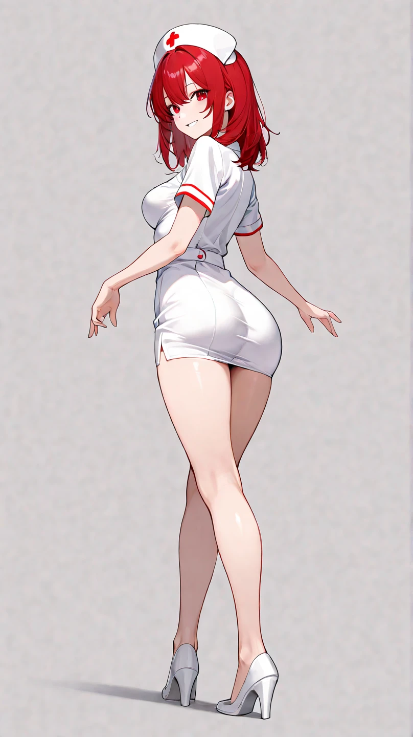 SFW, (short ((white hair))), (nurse white clothes), curvy, sexy pose, big legs, exposed legs, thick thighs, sexy thighs, thin waist, small waist, perfect figure, full body, high heels, (long legs, tall girl)