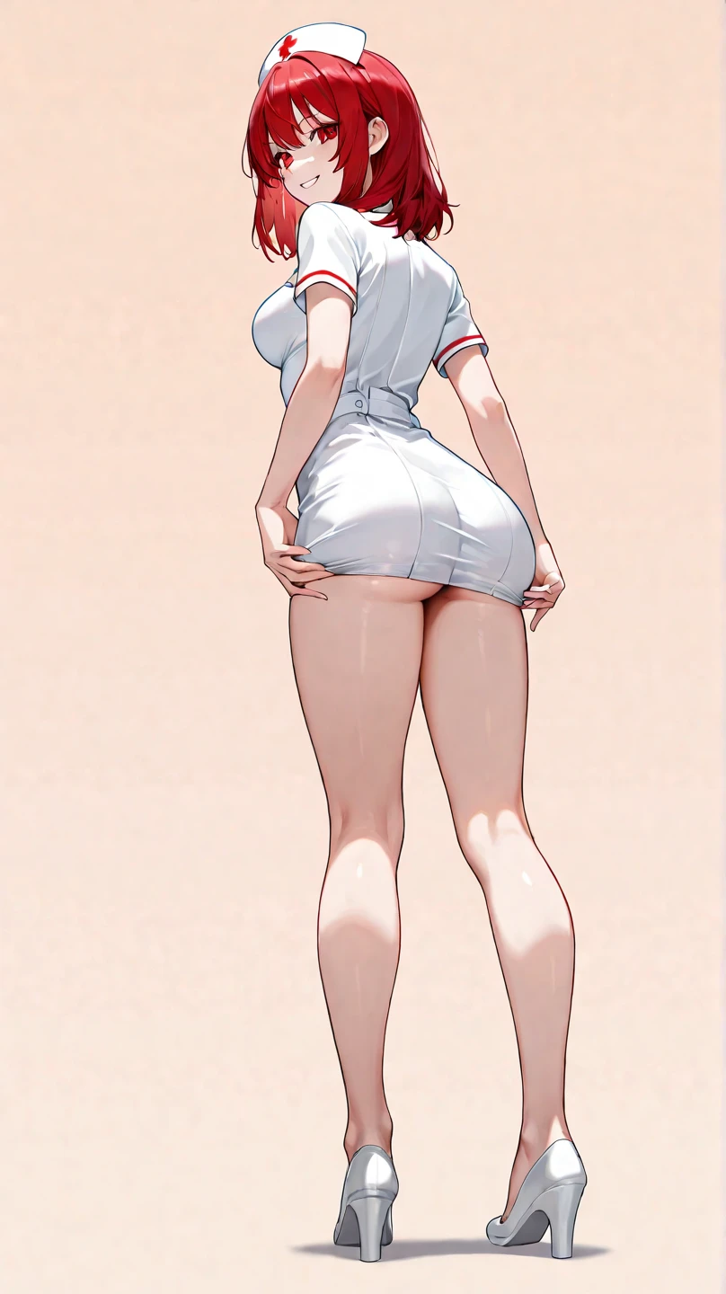 SFW, (short ((white hair))), (nurse), ((big ass)), (long legs), tall girl, tall legs, slim girl, slim frame, thin legs, thin frame, slim body, (small breasts, flatchest), high heels