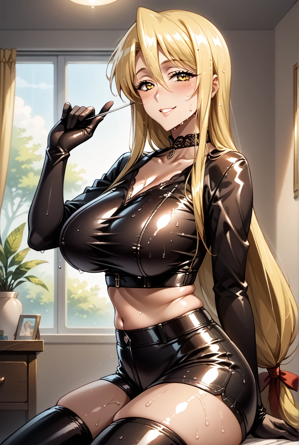 (masterpiece), detailed illustration, dynamic angle, ultra-detailed, illustration, 1girl, teen, (long blonde hair), green eyes, bright eyes, (extremely detailed eyes:1.37), medium breasts, cleavage, nice thighs, toned body, athletic body, (short tight leather dress), (thigh high leather boots), modern bedroom, luxury condo, smirking, evil, mean, NTR