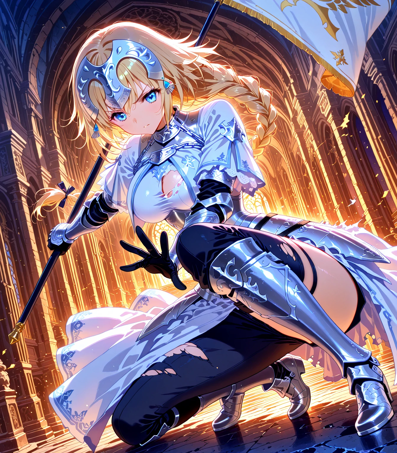 masterpiece, Highest quality, 4K, Ultra-high resolution,(Wear a full-face helmet:1.5),bionde,Long Hair,White fur coat,gigantic breast,(Beautiful crystal boots:1.6),Full face shade,LED Display,Mature Woman,belt,No sleeve,battle situation,(Hiding his face with a shade:1.5),Sleek design,cinderella,Martial Artist,(one leg up:1.6)Thimble gloves,Footwork,battle,tall,独奏,Cyber earmuffs