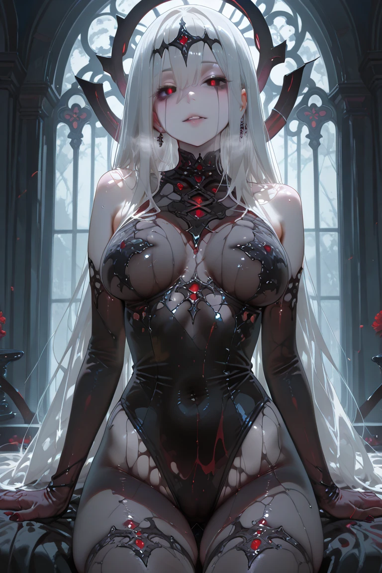 NSFW, BLACKLIGHT, realistic art, extremely delicate and beautiful, ultra-detailed, 1girl, white hair, vampire, yandere, creepy smile, (((eldritch Horror, skeleton, exposed Bone, bleeding, undead, rotting, ripped flesh, Blood, gore, creepy, scary, monster, evil, insane ))) glowing darl red eyes, floating, detailed light, illustration, dynamic angle, depth of field, (((()))), Short Vampire girl, long hair, ((white hair, twin tails)), red vampire eyes, showing fangs, pale white skin, (ultra high res, best quality,), (8k, raw photo, best quality, masterpiece), technological sense, best quality, masterpiece, illustration,CG ,unity ,wallpaper, official art, Amazing, finely detail, an extremely delicate and beautiful,extremely detailed, highly detailed, sharp focus,rich background, (real person,photograph), ((high detailed skin))