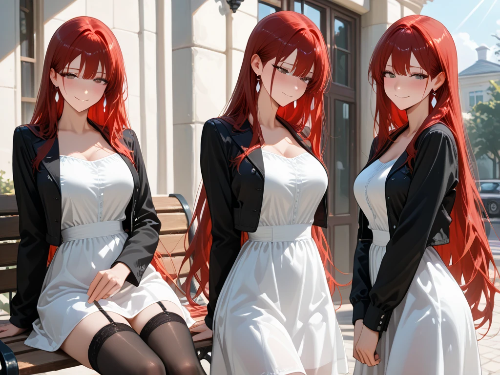 A busty sexy girl with wavy red hair and green eyes is wearing a white shirt, Beautiful anime style,