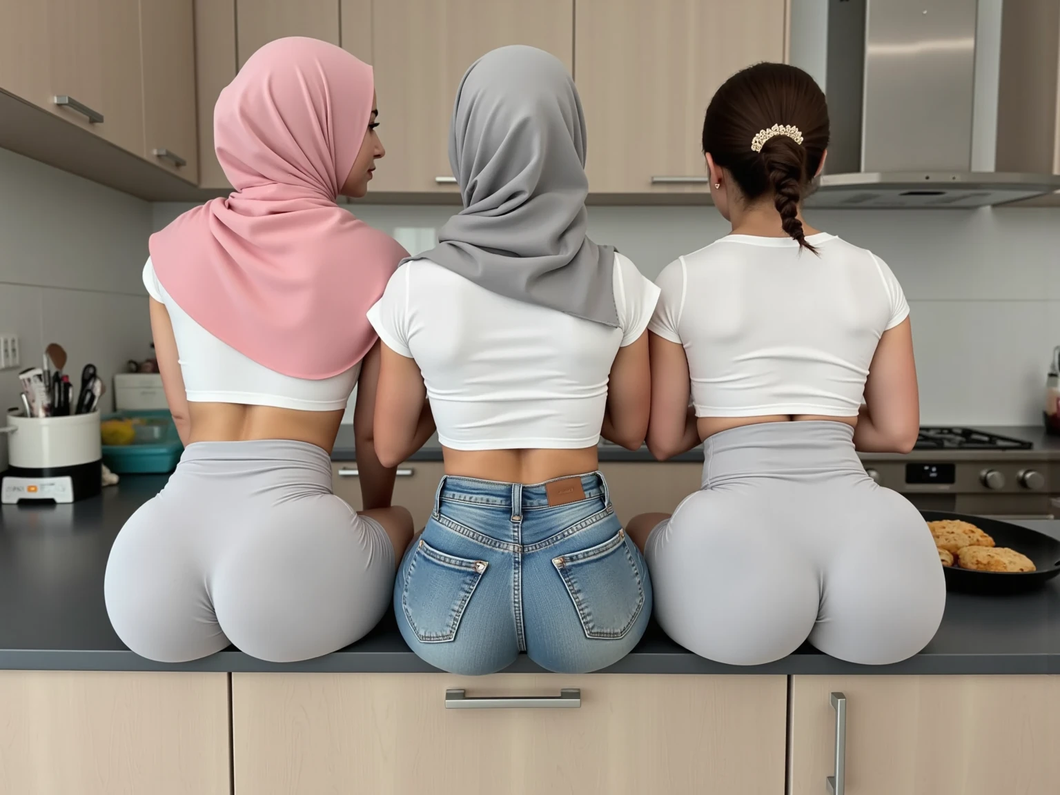 3 Pakistani sisters 18 years old with hijab sticking their buttholes out with visible anus at a dinner table, eating butthole and anus for dinner. tongues inside ass