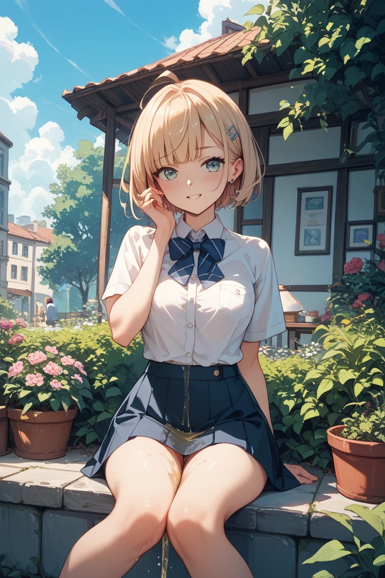 (High quality, High resolution, Fine details), (The only background is blue sky), Soft sunlight, Short-sleeved blouse, Pleated Mini Skirt, Panty Shot, Thigh, solo, curvy adult women, blonde hair, sparkling eyes, (Detailed eyes:1.2), grin, blush, Sweat, Oily skin, (from below:1.2), Soft tones, shallow depth of field