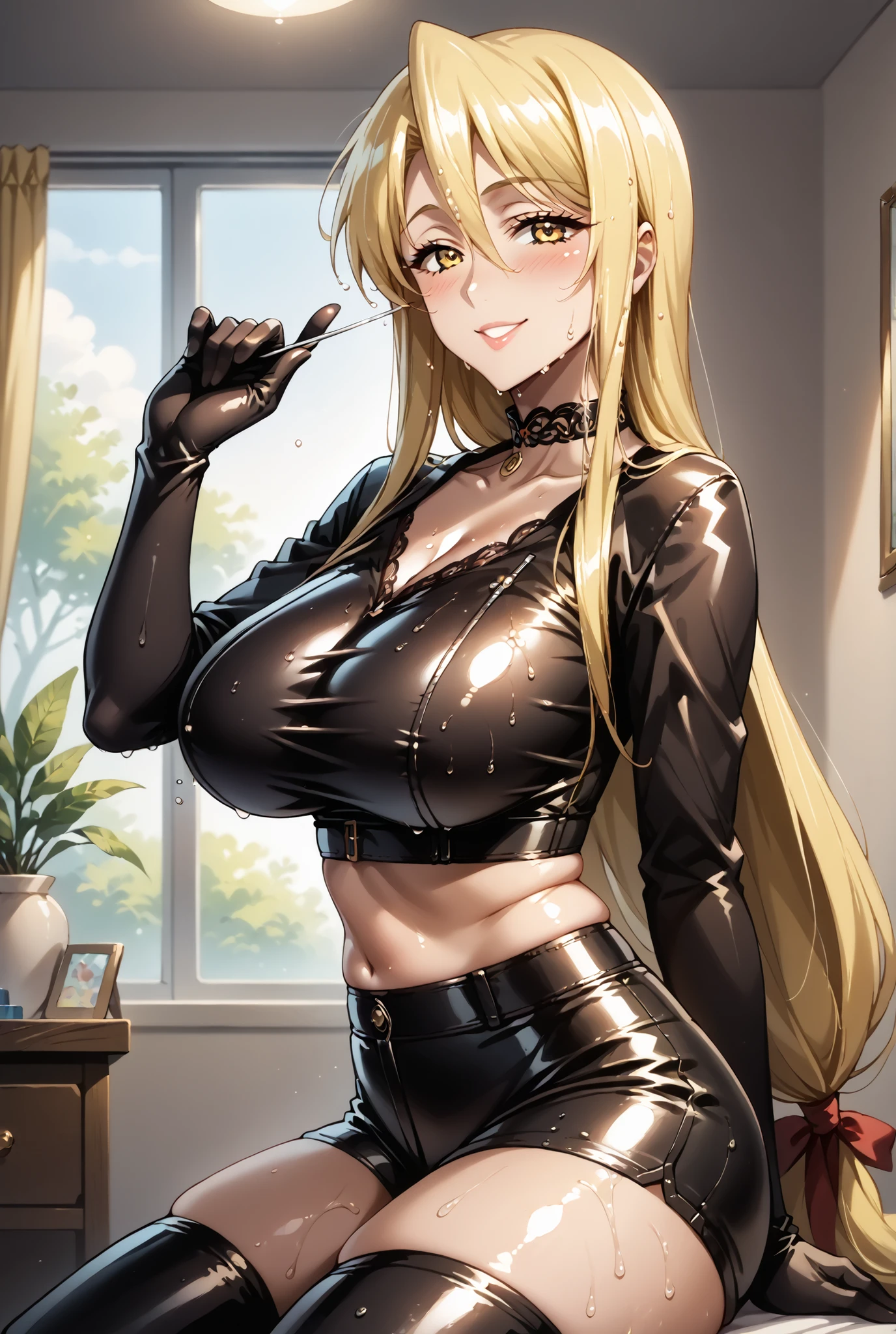 score_9, score_8_up, score_7_up, source_anime, 4K,perfect fingers,(perfect hands, perfect anatomy),prefect lighting, very aesthetic, intricate details,highly detailed background, masterpiece, high quality, best quality,
shizuka marikawa, long hair, blonde hair, very long hair, low-tied long hair, yellow eyes, hair between eyes, smile, large breasts, mature female,
wearing ((black latex shorts, black latex thigh high boots, black latex top, bare midriff, bare thighs, black latex gloves, leather choker)),,
((A sagging breast)), ((blush)), ((shiny skin:1.2)), ((wet:1.4)), ((apartment:1.3)), sit on the viewer, ((sideview)), ((seductive smile:1.2)),