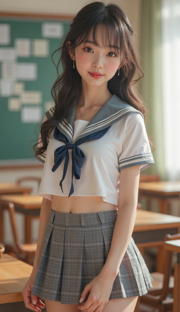 (A youthful gorgeous Japanese idol, wearing Serafuku, Seifuku, school uniform, sailor moon, jk uniform, high-school uniform, pleated mini-skirt, red ribbon, red bowtie, sailor hat, knee-high socks, sneakers, natural poses, minimalist room,
Easygoing expressions, kind smile, dimpled chins, cute snaggle-tooth, short bob hair ponytail, symmetrical face, realistic detailed face, beautiful detailed eyes, perfect body proportions, hourglass figure, ample round bosoms, medium breasts,
Raw photo, photorealistic, realistic portrait, hyper-realism, high contrast, ultra HD, realistic skin textures, top image quality, top-quality, super high resolution, fine details, very meticulously, masterpiece, medium shot, close-up shot, cowboy shot, High Angle Shot, bokeh background, SFW, Safe For Work)