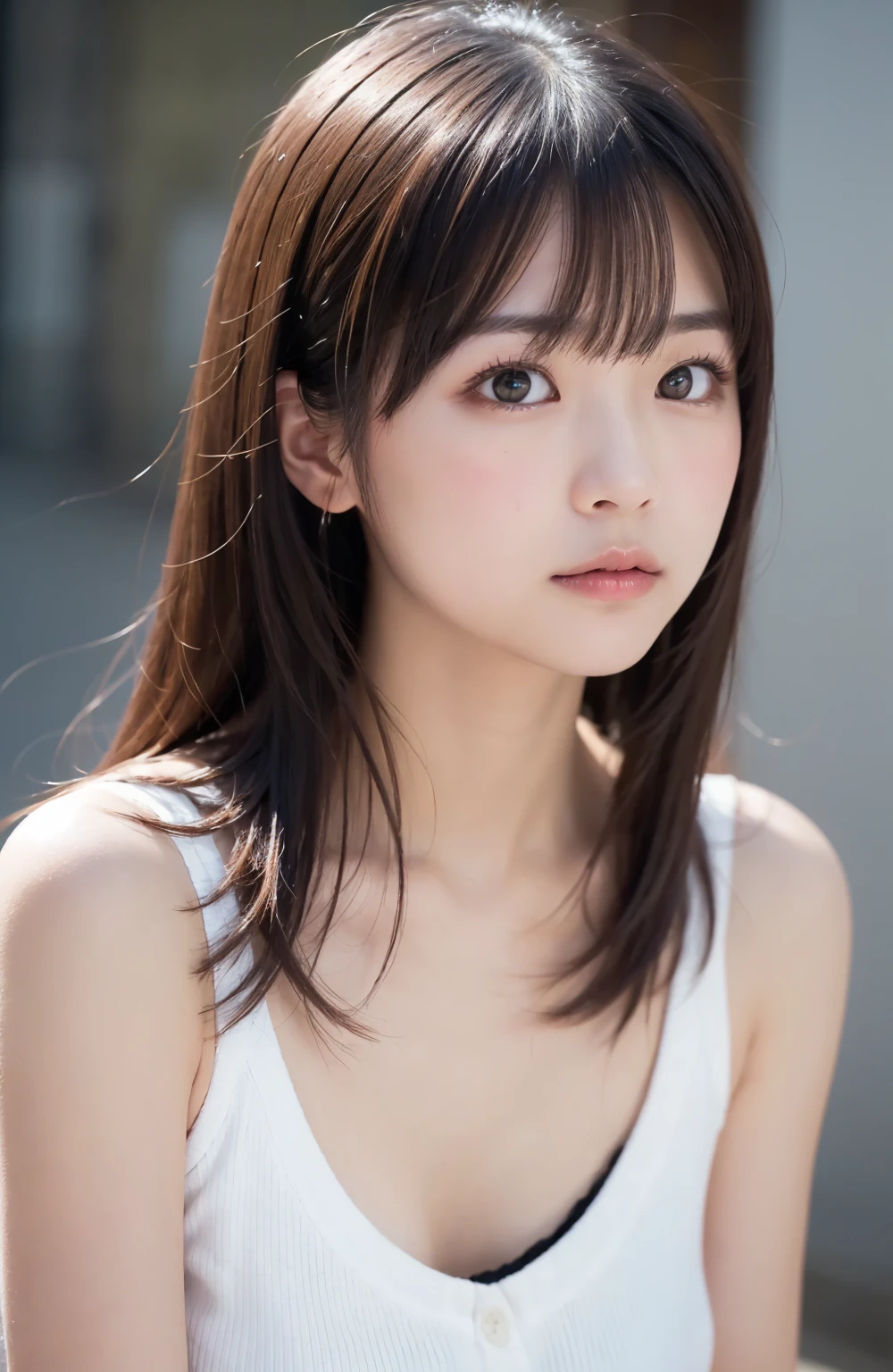 (Photo Real:1.4), (hyper realisitic:1.4), (Smooth lighting:1.05), 1 girl, teenager, happy, lshy,ooking away, Close-up of the face, Soft lighting, Back lighting, (Finest Real Textured Skins), Super fine face, glowy skin, retinas, Anatomically correct, (Wavy medium Hair:1.1), bangs, Textured skin, High quality, high details, Best Quality, High resolution,