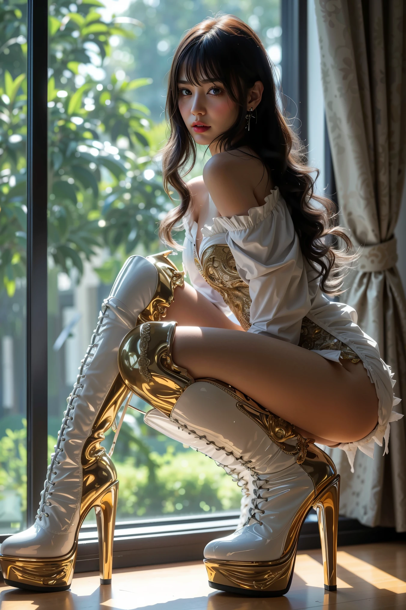 European princess((The beauty straddles the iron rod)),Tiptoeing,((Wearing tattered transparent clothes,Wearing tattered transparent clothes of fallen nobles)),(with no underpants,no brassiere)),Wet crotch,Wet thighs,Wet thighs,(((nipple tips protruding,areola is protruding,The shape of is clearly visible)), White gorgeous dress (tied perfectly by chain), Restraint, Slaves, Collar, defiance, (((Tears flow, Crying in pain)), perspired, ((A wide prison with sunshine)), Surreal material for the princess crown,shattered wall,((Torn costume))),soggy,The cloudy,(锁链)),((big emphasized by chains)),((The chain digs into the crotch)),8K,Pure white pointed toe heels,((hands tied behind her back,Invisible hand)),(with no underpants,no brassiere),Broken costumes,,Boots with white knee pads,White combat gloves,Combat shoulder armor,junkyard, jewelery,long whitr hair,Torn Cape,Torn pantyhose,long leges,((iron pipe in the crotch)),Metal shackles and shackles,((Chains hanging from heaven)),The wet crotch is clearly visible,Under your feet are high heels made by Swarovski
