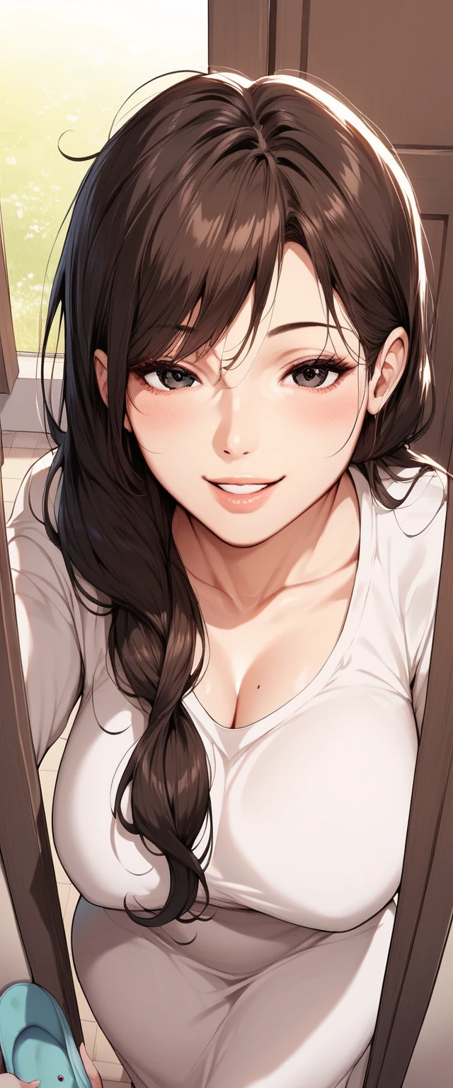 realistic, girl, selfie, face sitting on extra large zoom bed, face enhancement, smile, look up, look here, cleavage enhancement, sweaty
