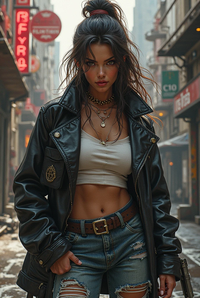 ((masterpiece)),(illustration),(((best quality)),iridescent, ((beautiful detailed girl)), medium breast,upper_body, (delicate cute face),lovestruck,(iridescent eyes), ((floating_hair)),iridescent, parted lips, black choker, gold chain, single glove, white gloves, long sleeves, bandeau, cleavage, strapless, tube top, navel, midriff, open jacket, open clothes, black jacket, black belt, denim shorts, cutoffs, mismatched footwear, ,beautiful landscape, gold city \(umamusume\), modeling shot,