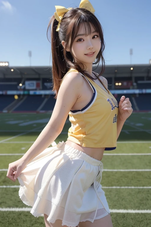 ((nsfw)),Very cute and beautiful cheerleader girl,(Very detailedな美しい顔),(Holding a pom-pom:1.12),(smile), (Stadium Stands),Cowboy Shot,Dynamic pose,(White panties),(Sleeveless orange shirt),(Flared mini skirt),Beautiful feet,View Viewer,Black Hair, (highest quality,masterpiece:1.2),Absurd,High resolution,Super detailed,Very detailed,32k,8K resolution, Intricate details,Movie Scenes,Detailed Background,alone,Dynamic Angle, Hair blowing in the wind,Beautifully detailed skies,