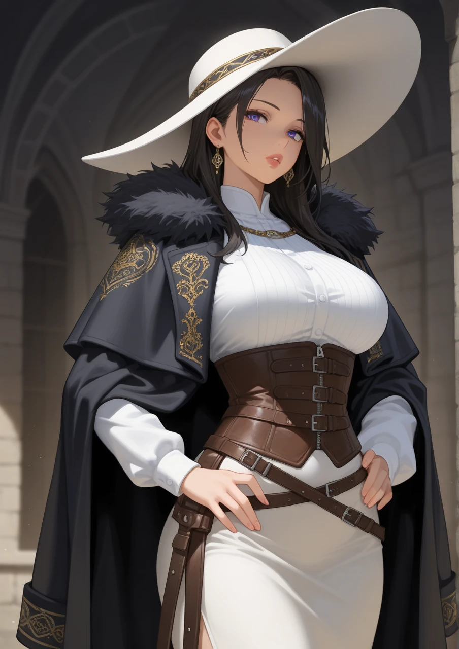 The woman, ((edgBB, black gloves, belt, shelter, torn clothes, Capelet, gauntlets,arms at the sides, forearms, black cape, tricorn, Hunter (transmitted by blood), woman wearing edgBB_attire)), Very detailed, Realistic long-term photography., 4k, by the wide, brown hair, By the chestnut, Red lips,sexy,red lips, brown eyes, big breasts, big breasts, Lucia Auditore