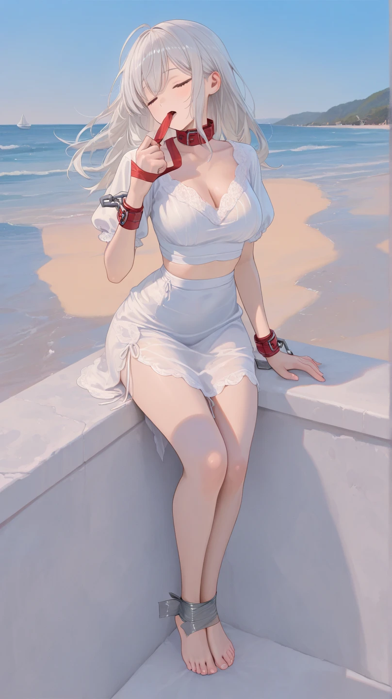 Style 9,1 woman, laying on sand, yamato one piece, long hair, white hair, horns, yellow eyes, detailed eyes, white clothes, red skirt, big breasts, illustration,beautiful background,whole body,high angle shot, from above, Beautiful photography pose,profile,view at viewer, brown eyes, high detailed wallpaper, high quality, masterpiece