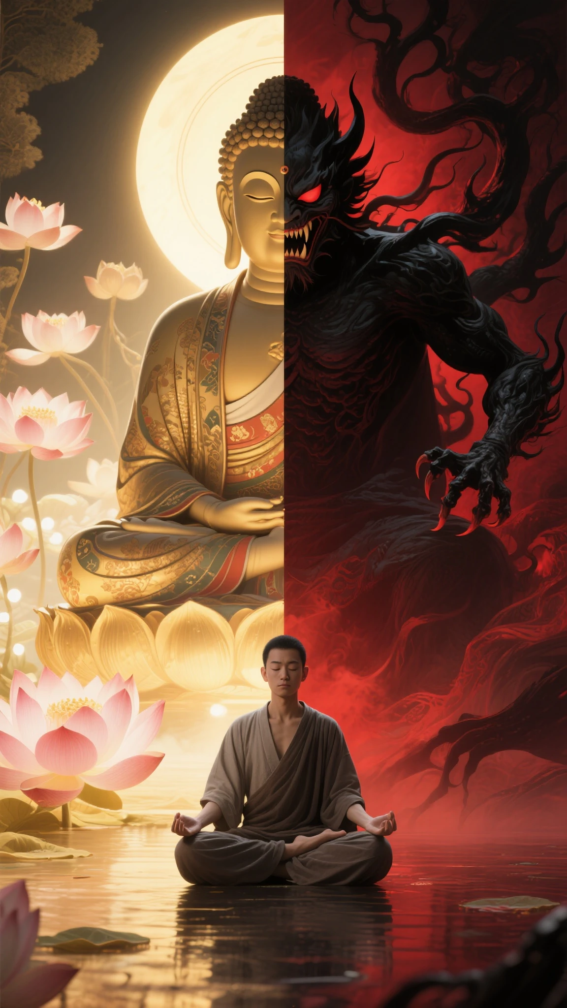 Describe Buddha's internal struggle and eventual triumph over Mara on the night of his enlightenment.