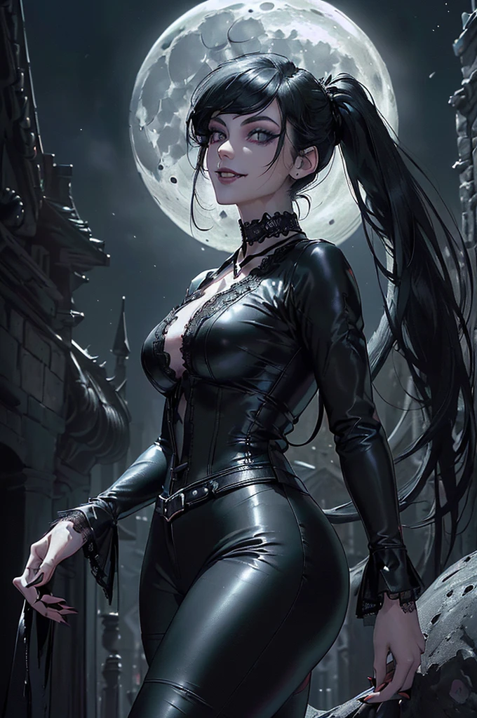masterpiece, best quality, 1girl, young, (16 years old), leaning forward,vampire, leather pants,(breasts out:0.98), hanging breasts, areolae, cute, huge breasts, black long hair, yellow eyes, wind, sexy, (grey skin), pale skin, colored skin, solo gold, intricate, (contrast), moon, moonlight, night, (epic), artistical