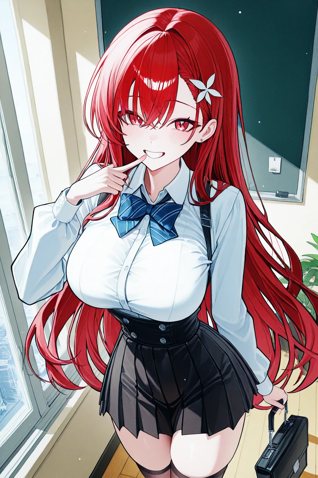(Masterpiece, Best Quality, High Quality:1.4), professional artwork, Intricate Details, field of view, sharp focus, detailed painting, cinematic lighting, trending on pixiv, (vivid lighting, vibrant colors, by by Nagasawa Rosetsu:1.05),
Hiroko Takashiro, (mature female, milf:1.2), (40yo:1.1), (curvy:1.15), hands on waist, classroom, window, (cowboy shot:1.1), closeup, looking at viewer,
(red hair:1.05), long hair, lipstick, makeup, ultra detail hair, ultra detail face, (purple eyes:1.05), perfect eyes, perfect face, earrings, (flirting, blush:1.2),
(white shirt, purple jacket:1.1), (black thighhighs, garter belt:1.1), (zettai ryouiki:0.8), pencil skirt, school uniform,
(Large Breasts:1.05), (Cleavage:0.9), big ass, thighs,
