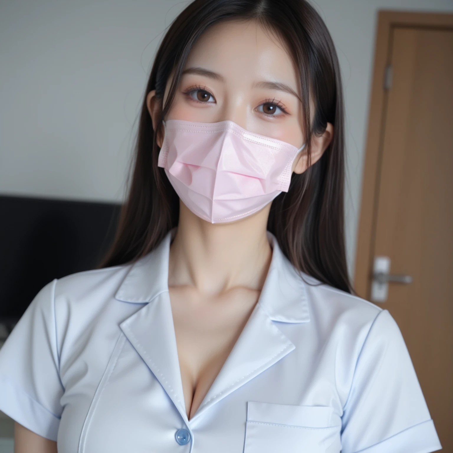 (((best quality))),(((ultra detailed))),(((masterpiece))),illustration,1girl,solo,slim,fragile,beauty,light blue hospital gown,sitting on the surgical bed,hospital operating room,contraceptive coil removal,anxiety,anticipation,long flowing hair,almond-shaped eyes,fair complexion,soft color,slender figure,tidy bow,sterile equipment,metal bed frames,healthcare professional,scrubs,surgical mask,spread legs apart