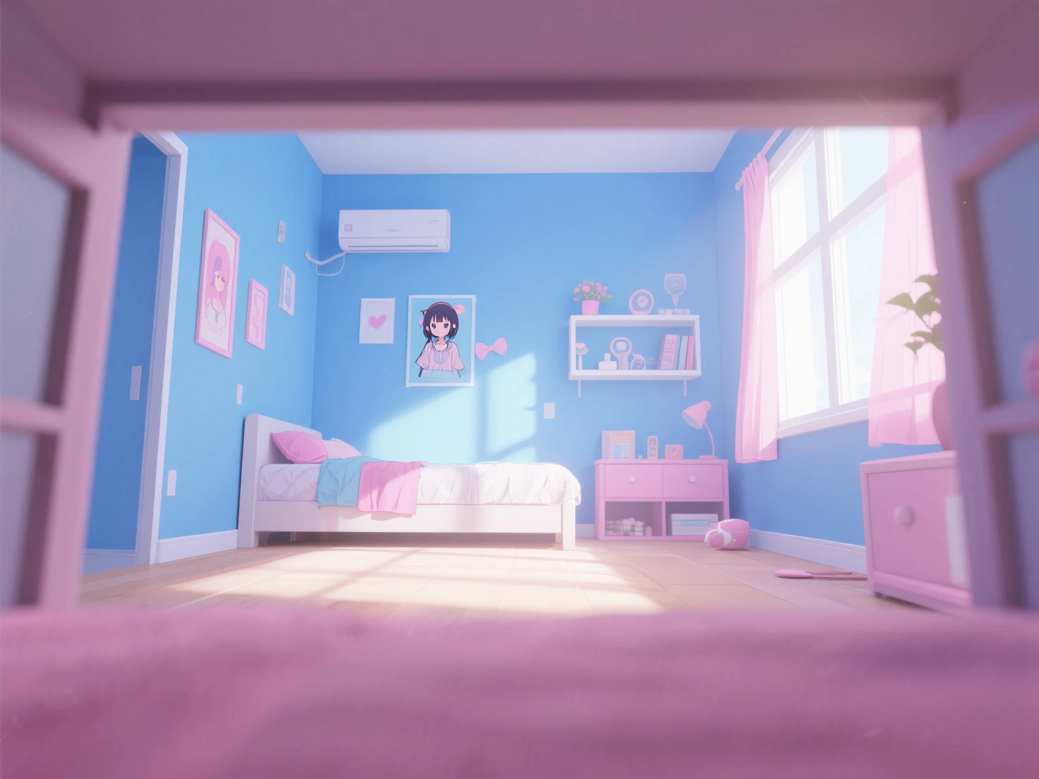 There is a pink suitcase in front of the window, pink room brightly lit, Bedroom background, Personal room background, the walls are pink, Vaporwave lighting, bright room, Studio Ghibli bedroom, Vaporwave lighting style, Interior scene, Random background scenes, Animation style rendering, Brightly lit purple room, In the bedroom, Softly glowing windows, Dark bedroom