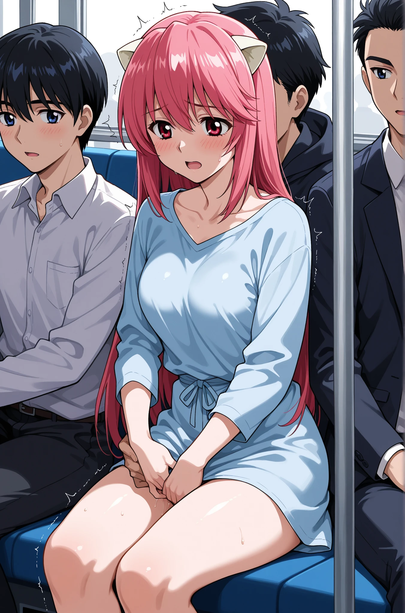 masterpiece, Highest quality, 1 person,( Large Breasts,Are standing, View your audience,),Detailed Background、A person who writes in detail、Accurate human body、Knowledgeable person、Accurate 5 fingers,Mature Woman,Thighsが太い,Cruby Body, shikimorisan, pink hair, long hair, blue eyes, hair between eyes, bangs,,wrist above head,cyclone \(for once\),Long sleeve、Thighs、alone,TranT, (train interior), netorare, chikan, grabbing, hetero, pussy juices, molestation, public indecency, public use,faceless male fingering, 2boys, faceless male, assisted exposure,