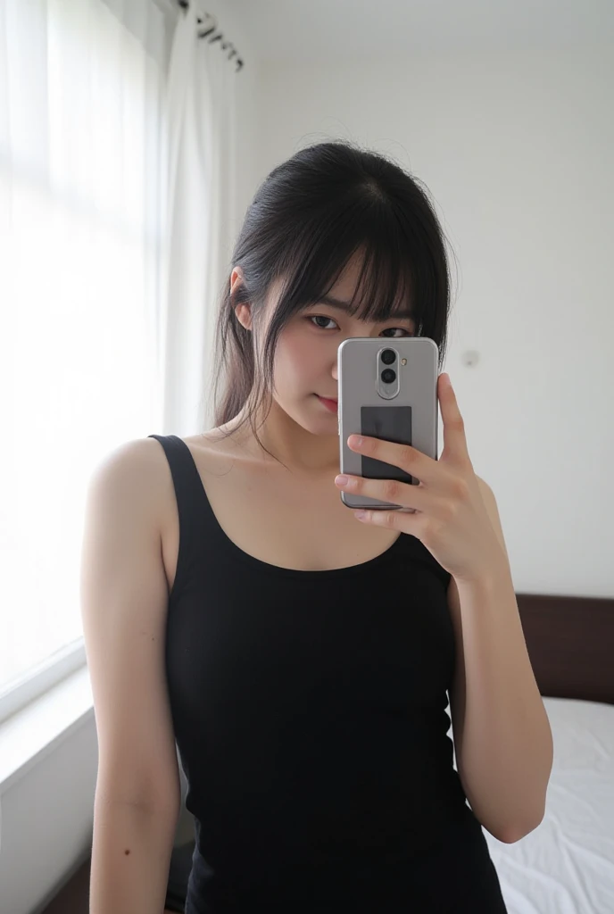 ollarbone,pastel colors t-shirt,off-shoulder look,bare shoulder,midriff peek,string panties,,open mouth,tongue out,cum on tongue,standing,Selfie,looking ahead,from above,flont view,cowboy shot,(1girl,Beautiful 14 year old girl),((Slender,Small breasts,Small face,)),looking at viewer,Black Hair,bangs,one side up,Beautiful and detailed,Mischievous smile,Dimly lit room,Simple Background,Black background,Low lighting