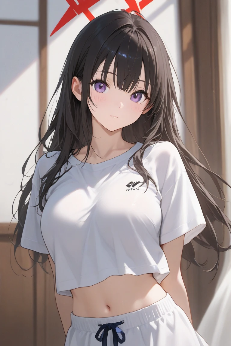 (A superb exquisite Chitanda Eru), (mature face), intricate details, (finely detailed beautiful eyes: 1.2), purple eyes, long black hair, natural straight hair, straight bangs, solo, [Small_breasts: large_breasts: 0.5], extremely delicate, peerless beautiful girl, dreamy quality, solid color, bright lips, slender waist, straight curves, soft lights and shadows, super fine, 8K HD, (masterpiece:1.4), (((blush, embarassed, soft lips)))