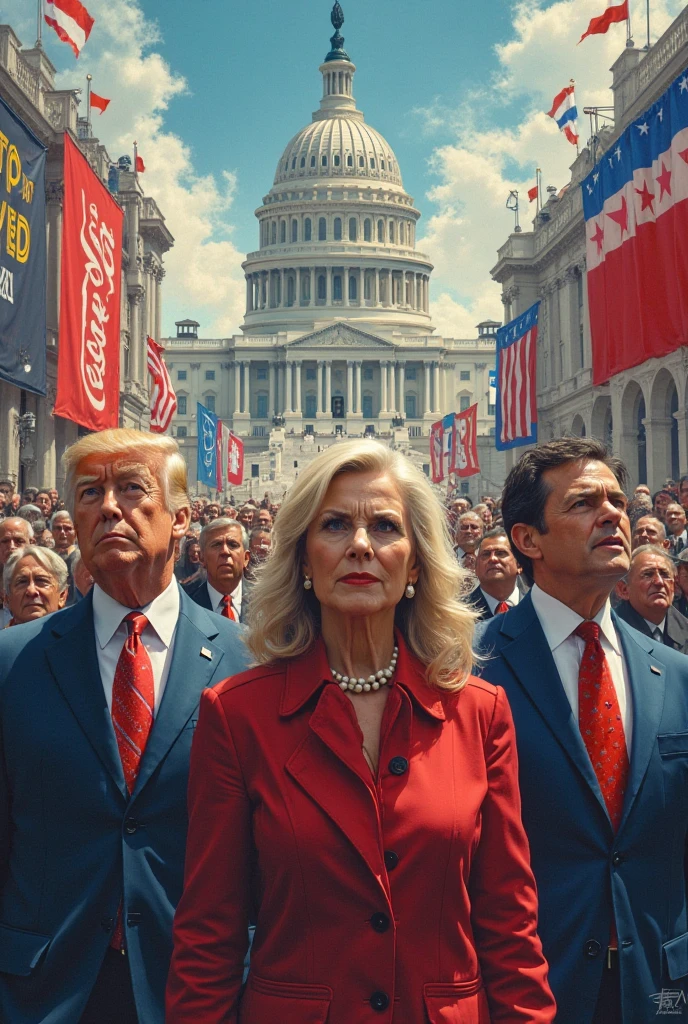 High quality, 1990s sci-fi movie poster, titled “Madam President” in bold large Yellow text, the tagline in smaller text “Saving the Union, One State at a Time.” Tall, muscular, Jewish Woman, age 60, chin up, looking down, thick body, broad shoulders, wide hips, long straight hair, formal suit, (plunging neckline), hands opening her shirt, behind her are five varying size headshots of other diverse ethnicity actors staggered, background is White House burning, tattered American flag waving