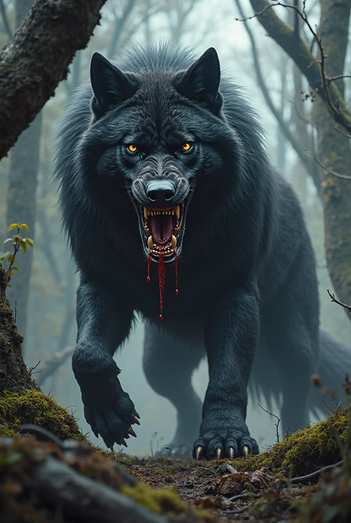 (photorealism:1.2), very scary dark wolf with blood scars