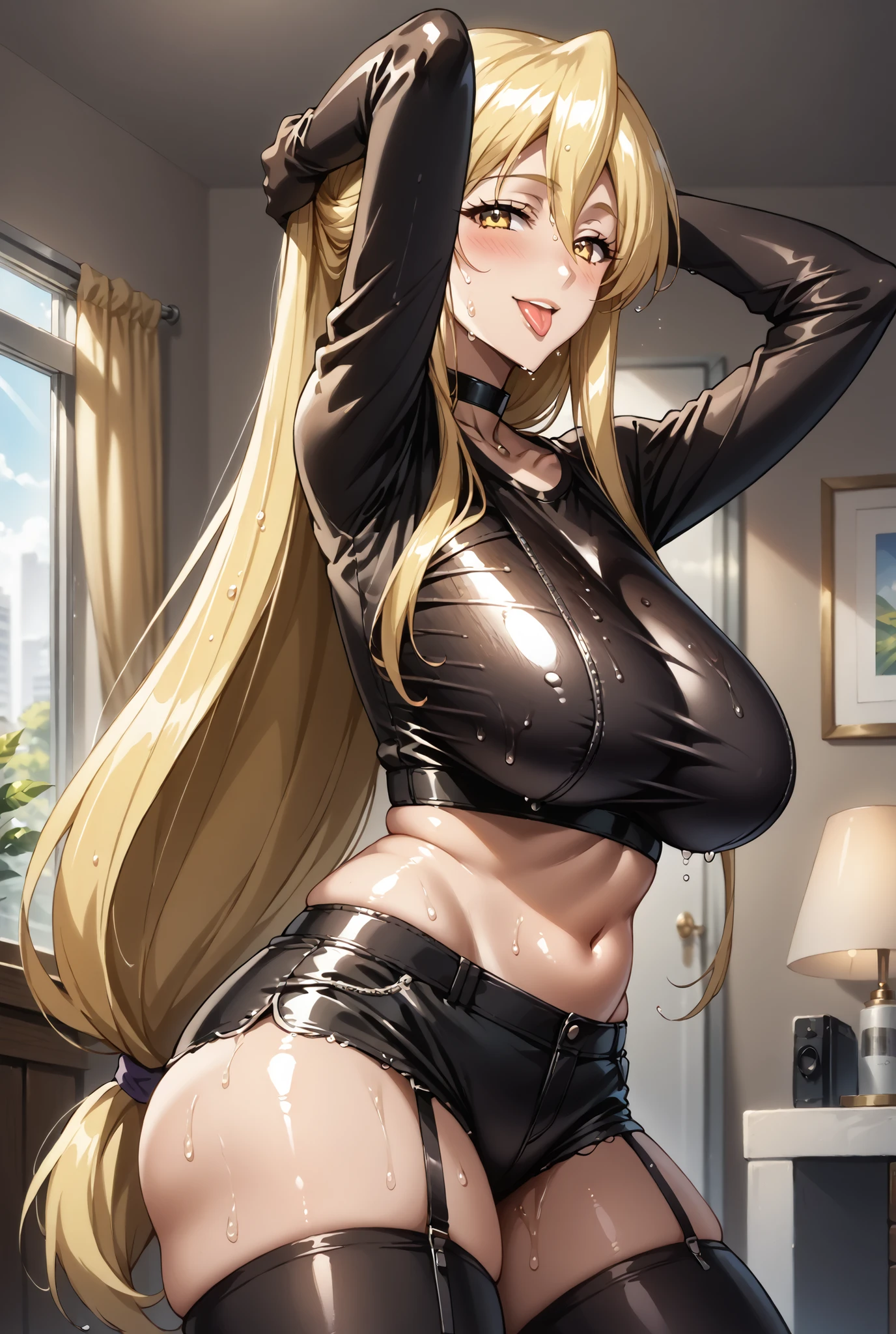 Chica con piernas largas, pronounced buttocks, busto grande muy pronunciado, con camisa corta, tights and sports clothes and with green eyes and kneeling looking at someone and sweating profusely with smoke coming out of her mouth, undressing, masturbating with fingers