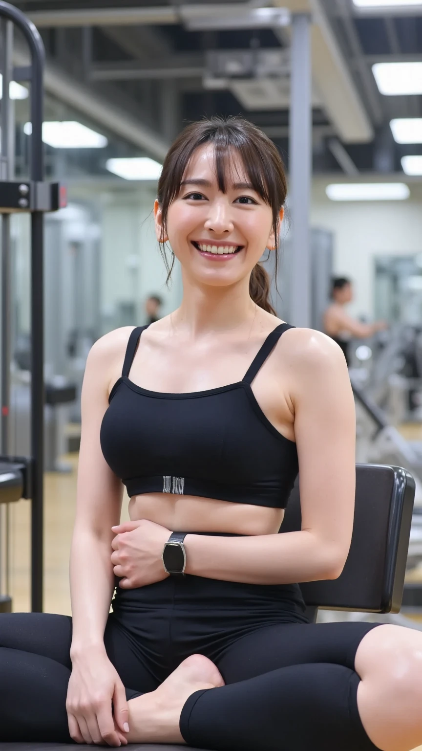 最high quality, In 8K, Masseter region, Vibrant, Sharp focus, high quality, High resolution, Detailed face, fine grain, Thick lips, (Looking at the audience), alone, Beautiful woman, 38 years old, (Standard body type)、(D cup breasts)、(Short black hair:1.5), Cleavage、(Fitness gym training room)、 (Stand in front of a power rack:1.6)、(Red tight tank top:1.6)、(smile:1.5)、(Black spats:1.5)、(Short black hair:1.3)